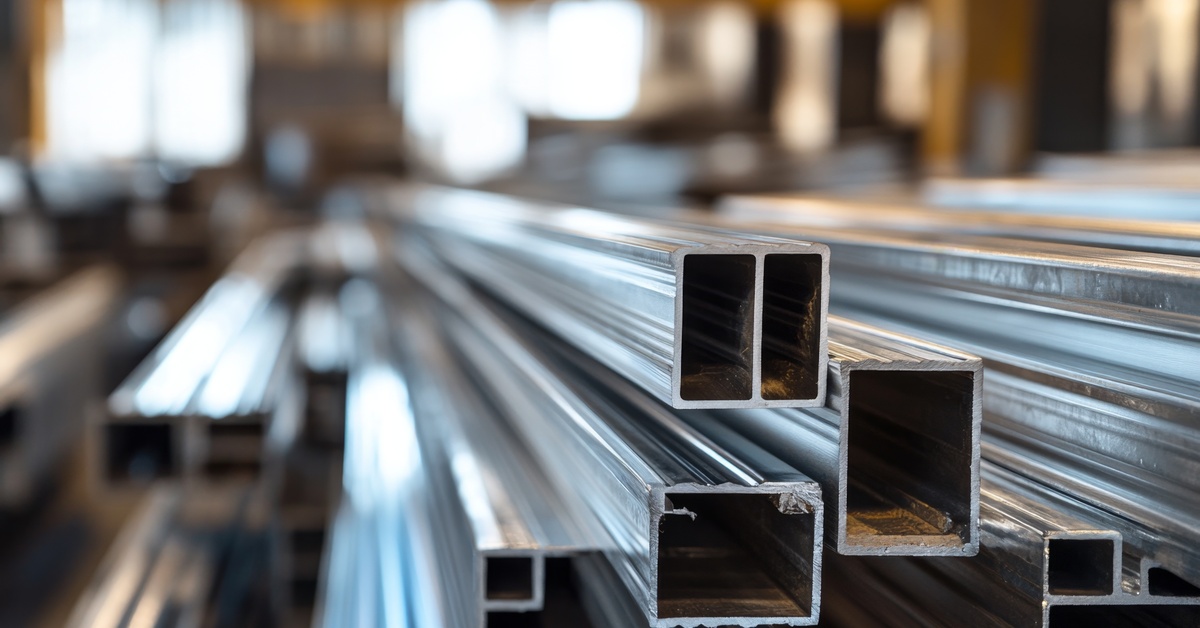 A large group of different-sized rectangular aluminum beams stacked on top of each other in a warehouse.