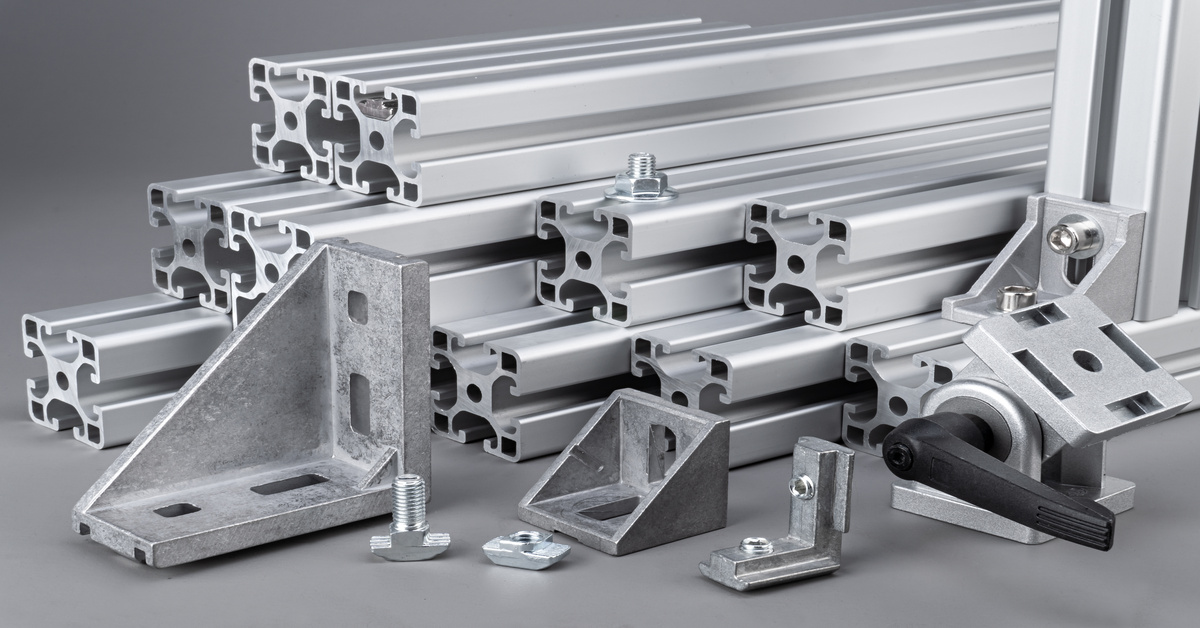 Multiple different forms of aluminum extrusion profile bars and accessories that can secure them together.