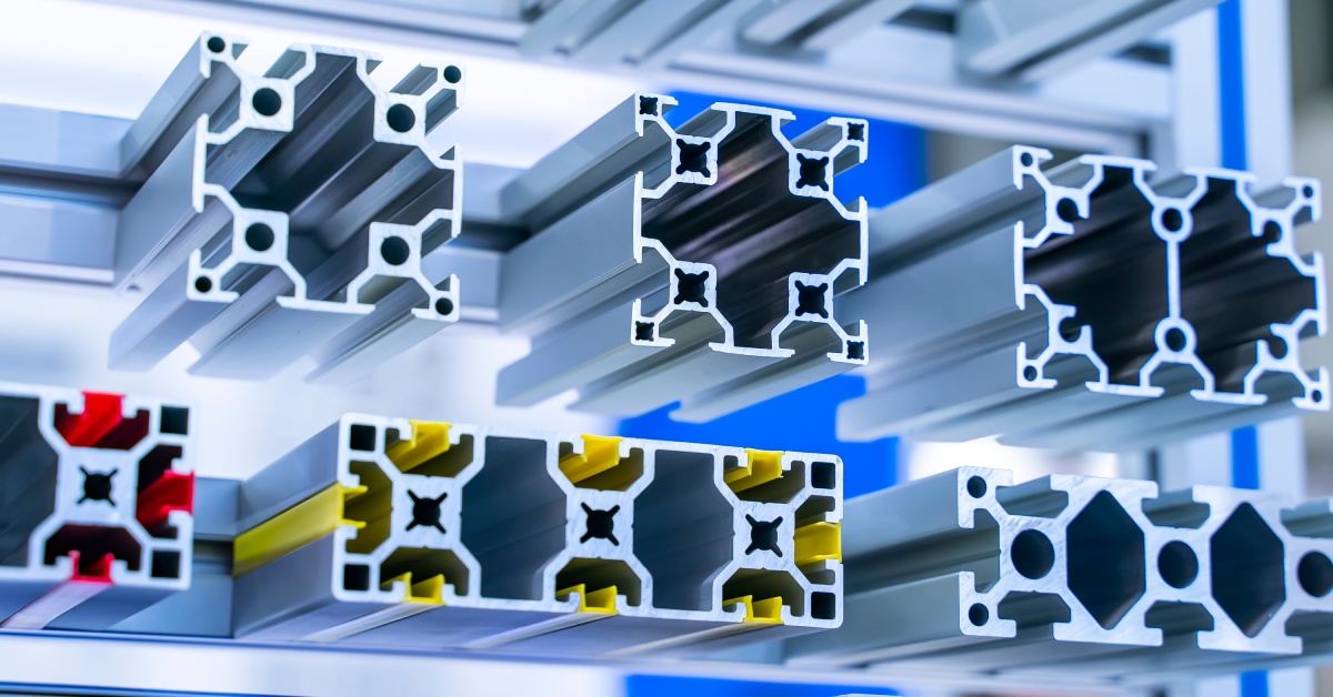 Aluminum profiles in various sizes are lined up on a metal rack to be used for manufacturing purposes.