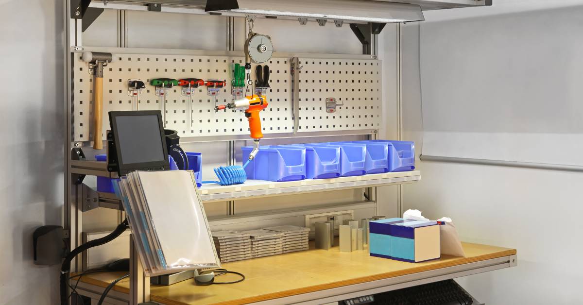 A workbench in the corner of a facility. There is no clutter, and every tool has a designated location.