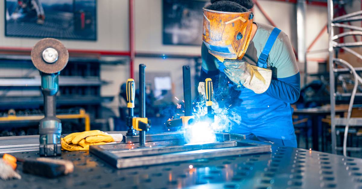 A worker using a welding machine to work on a project on the workbench. He is also wearing a mask and gloves.