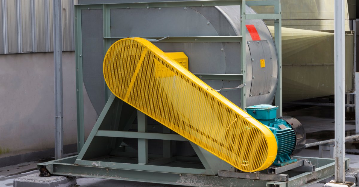 A yellow belt safety guard that protects the motor and prevents any workers from getting hurt by the machine.